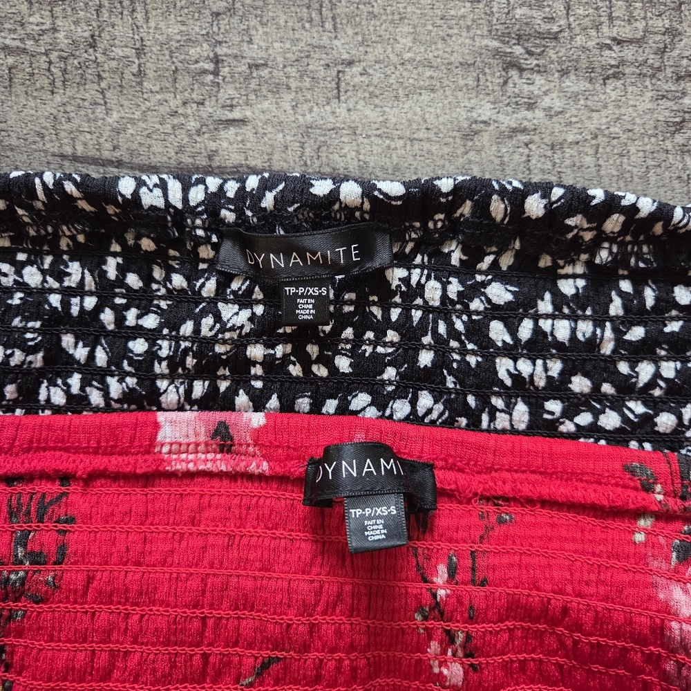 Dynamite Off-Shoulder Red Floral & Black Speckle Short Sleeve Tees - Picture 3 of 3